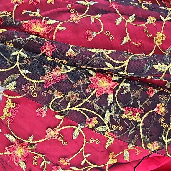 Sheer black scarf / wrap with vibrant embroidered pattern. OS. Red, yellow green - Picture 4 of 9